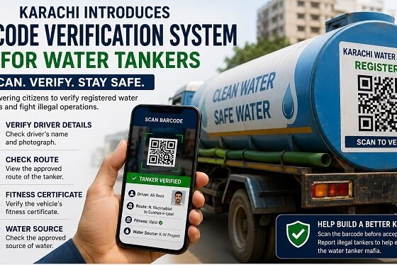 The Karachi Metropolitan Corporation has introduced a barcode verification system for registered water tankers. The initiative allows residents to verify tanker authenticity, driver information, water sources, and operational permits, helping authorities tackle illegal tanker operations and improve transparency.